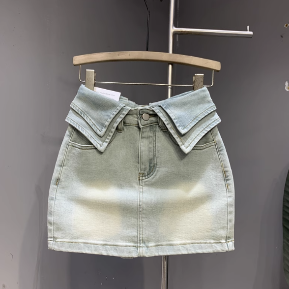 翻领高腰浅蓝色显瘦a字防走光半身裙女辣妹风包臀牛仔短裙S码