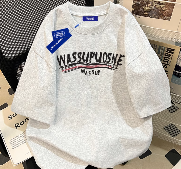 WASSUP重磅纯棉短袖T恤男士宽松休闲情侣装上衣米灰色M码