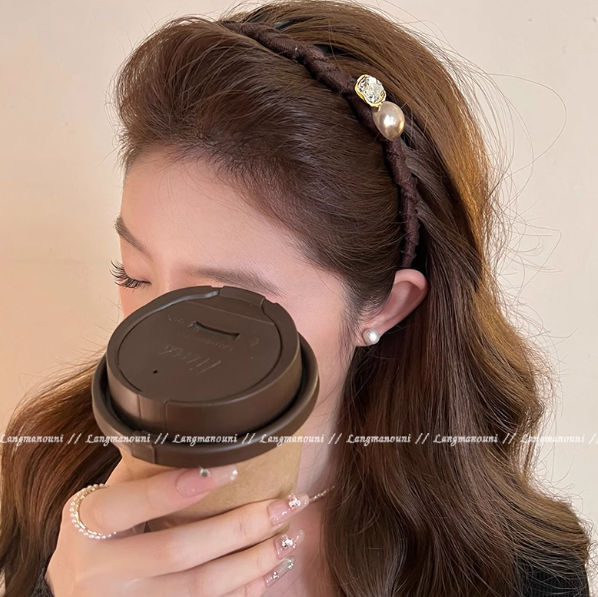 法式珍珠波浪带齿发箍女高颅顶头箍高级感摩卡棕5秒高颅顶