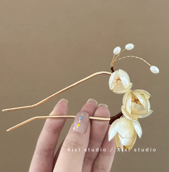 玉兰花朵u型发簪缠花簪花头饰新中式旗袍簪子丸子头盘发发钗发饰